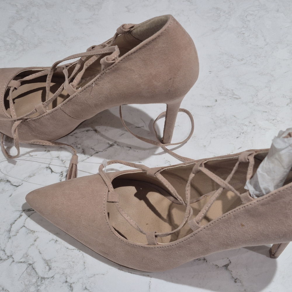 Tan Suede Lace-Up Heels with Stiletto